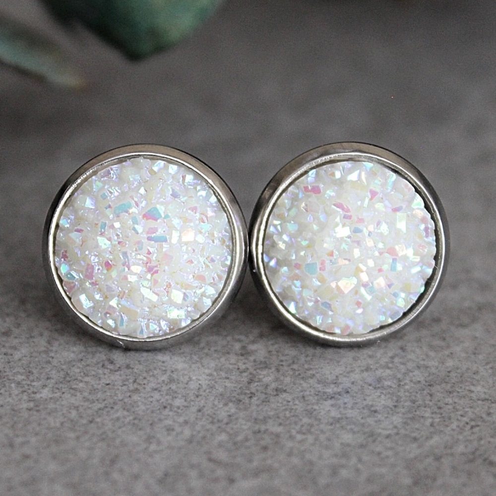White Stud Earrings, White Druzy Earrings